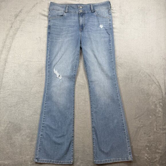 BCBG Jeans Women’s 31 Blue Mid Rise Bootcut Light Wash Distressed - Picture 1 of 13